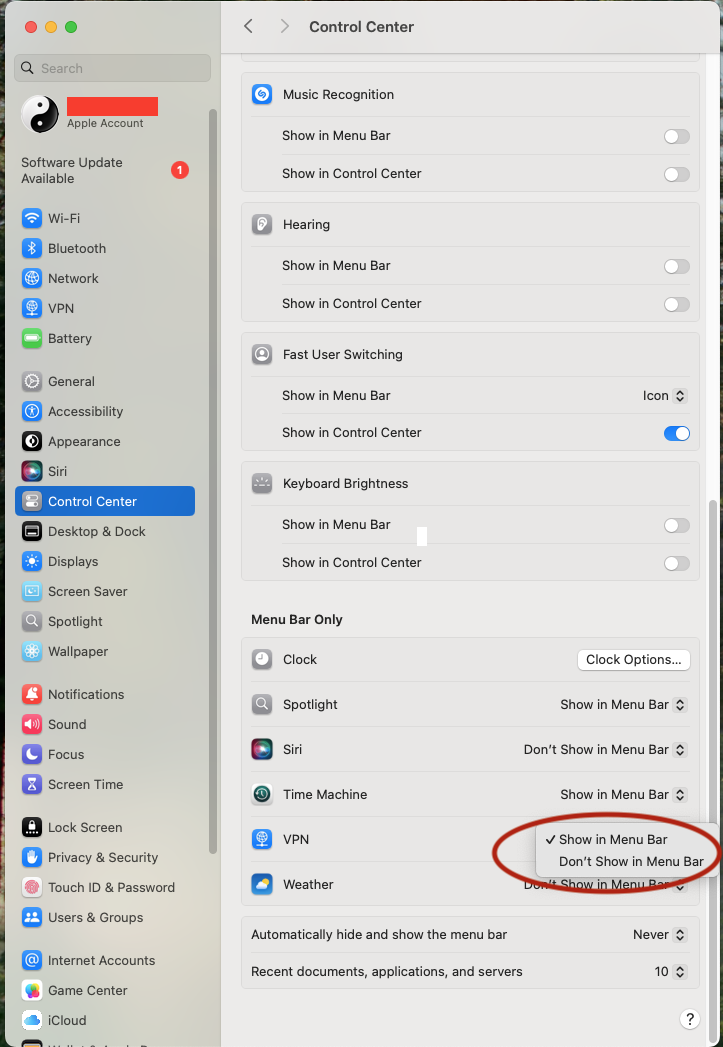 macOS System Settings > Control Center with VPN set to 'Show in Menu Bar'